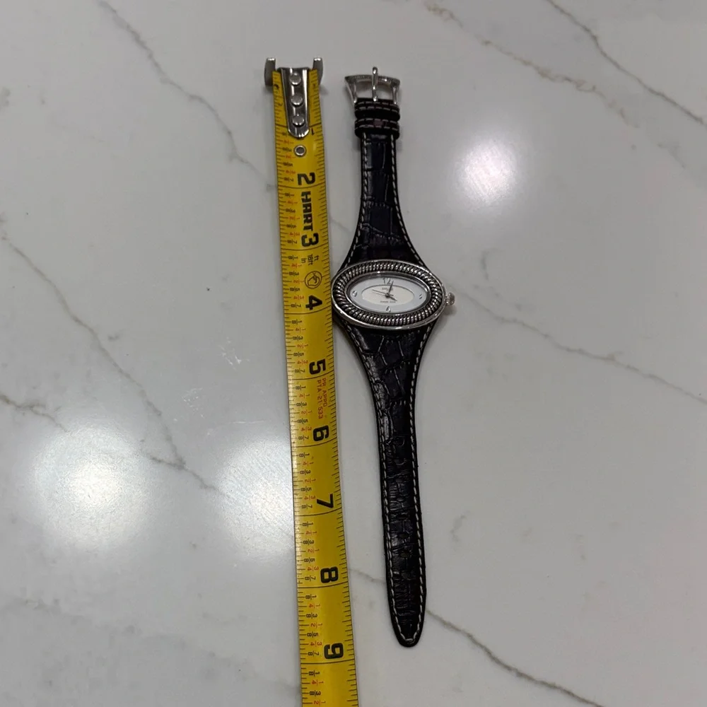 Black Leather Strap Women's Oval Silver-Tone Watch